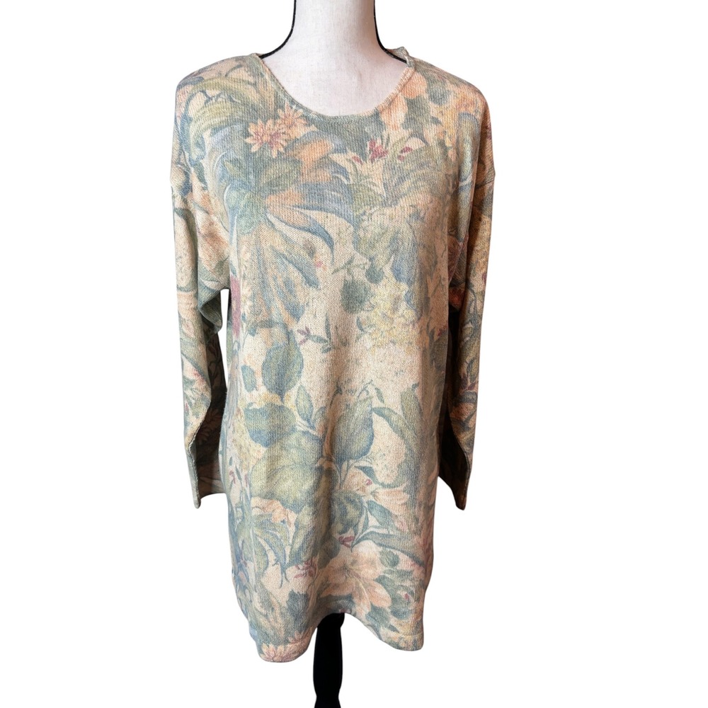 Gabriella T Italy Floral Knit Tunic Top Large Cotton Linen Muted Tapestry Print